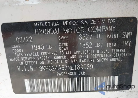 2022 Hyundai Accent Sel z USA, uszkodzony, nr VIN 3KPC24A67NE189939